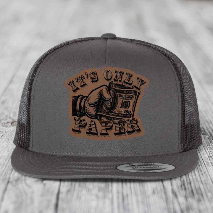 Its Only Paper - Leather Patch Hat - Dark Brown to Black Patch - Yupoong 6006 Snapback Flatbill Hat