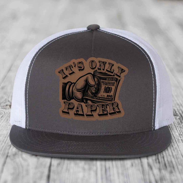 Its Only Paper - Leather Patch Hat - Dark Brown to Black Patch - Yupoong 6006 Snapback Flatbill Hat