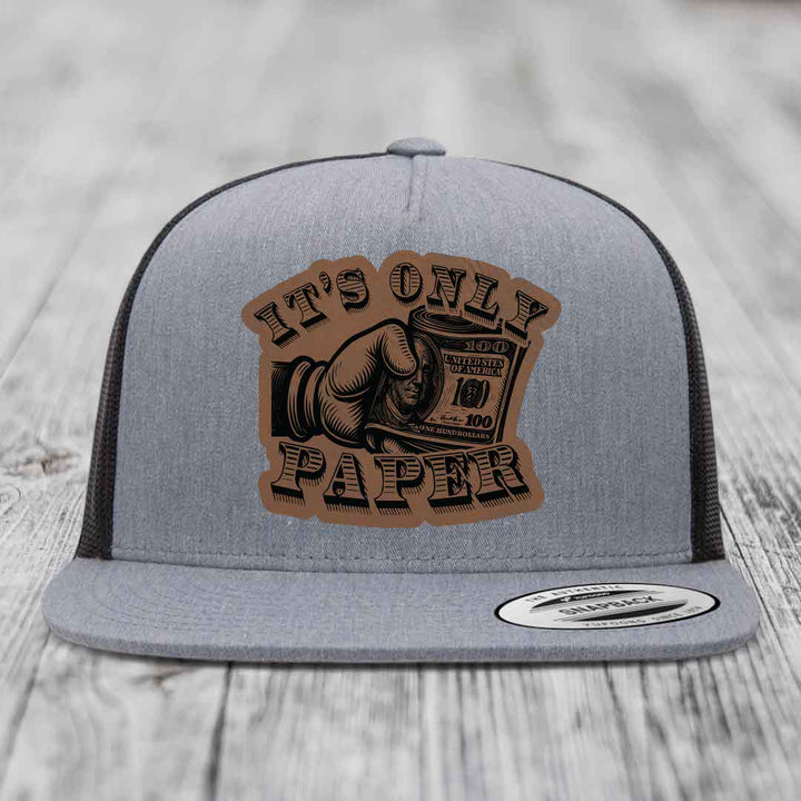 Its Only Paper - Leather Patch Hat - Dark Brown to Black Patch - Yupoong 6006 Snapback Flatbill Hat