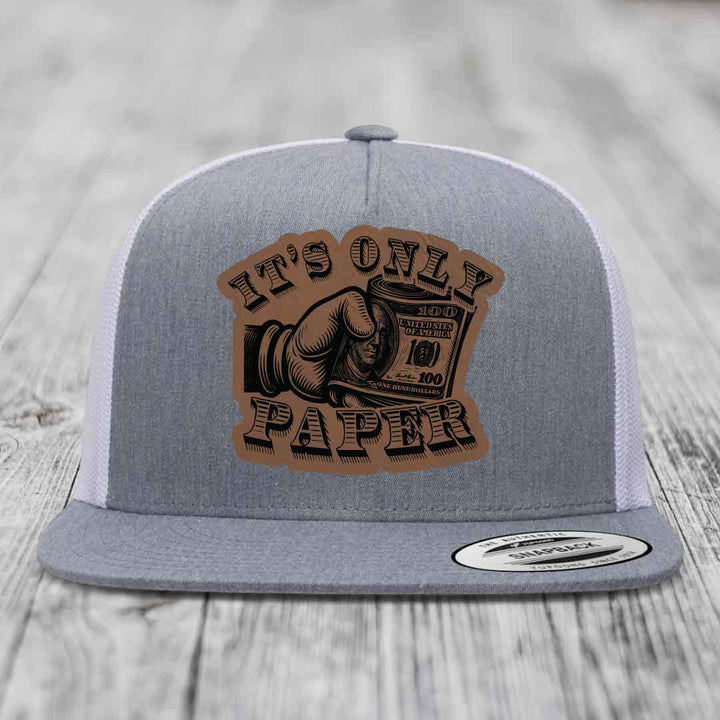Its Only Paper - Leather Patch Hat - Dark Brown to Black Patch - Yupoong 6006 Snapback Flatbill Hat