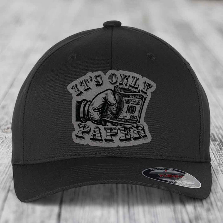 Its Only Paper - Leather Patch Hat - Grey to Black Patch - Flexfit 6277 Fitted Hat