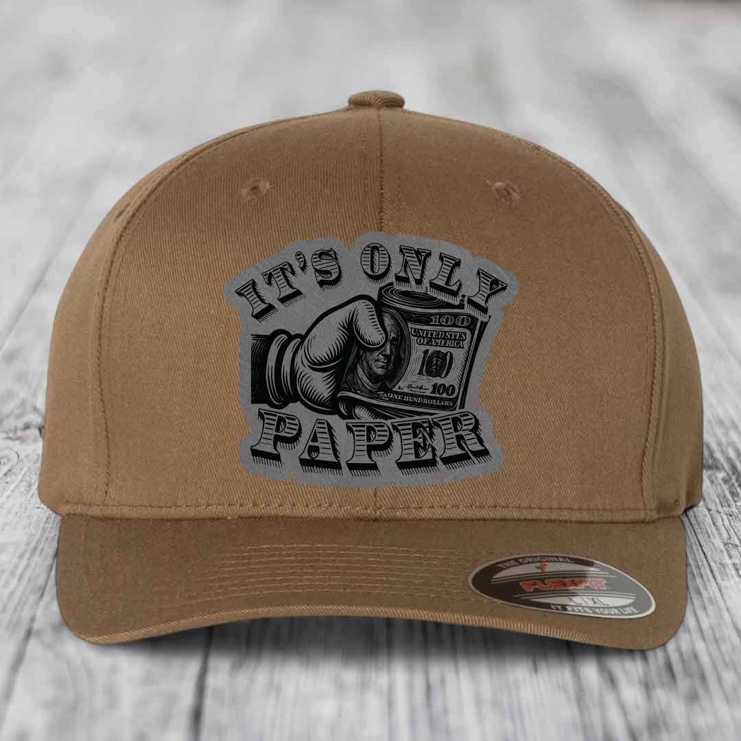 Its Only Paper - Leather Patch Hat - Grey to Black Patch - Flexfit 6277 Fitted Hat