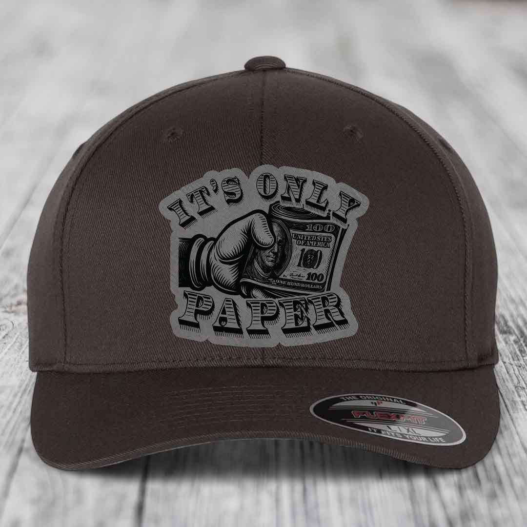 Its Only Paper - Leather Patch Hat - Grey to Black Patch - Flexfit 6277 Fitted Hat