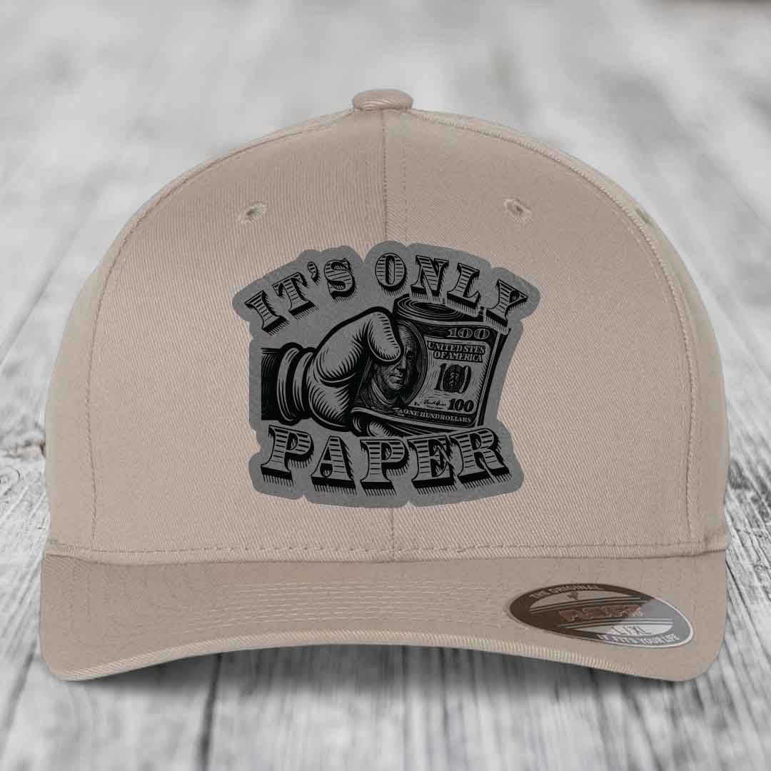 Its Only Paper - Leather Patch Hat - Grey to Black Patch - Flexfit 6277 Fitted Hat