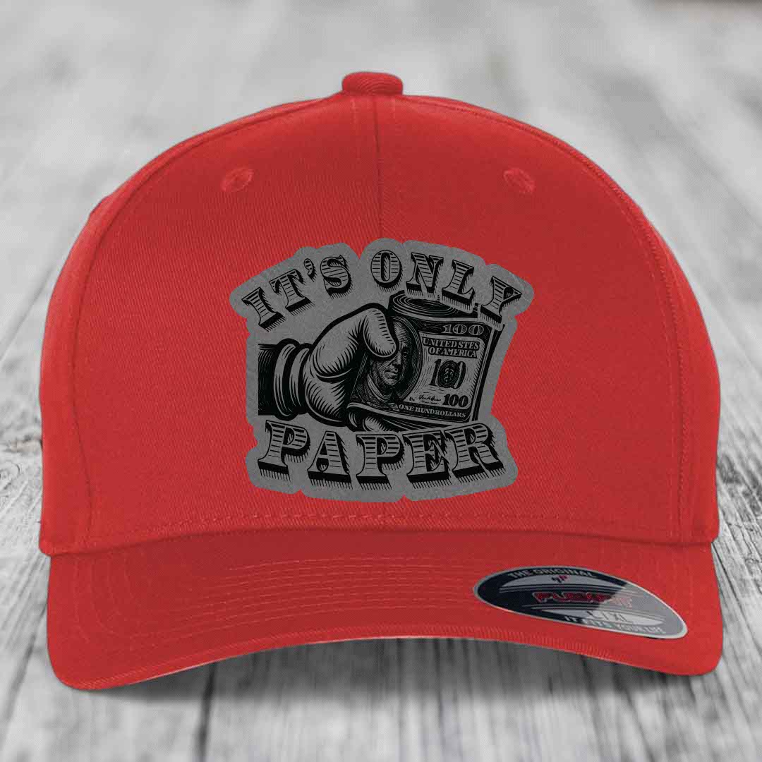 Its Only Paper - Leather Patch Hat - Grey to Black Patch - Flexfit 6277 Fitted Hat