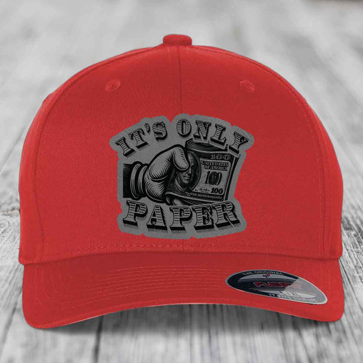 Its Only Paper - Leather Patch Hat - Grey to Black Patch - Flexfit 6277 Fitted Hat