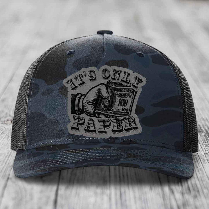 Its Only Paper - Leather Patch Hat - Grey to Black Patch - Richardson 112PFP Snapback Trucker Hat