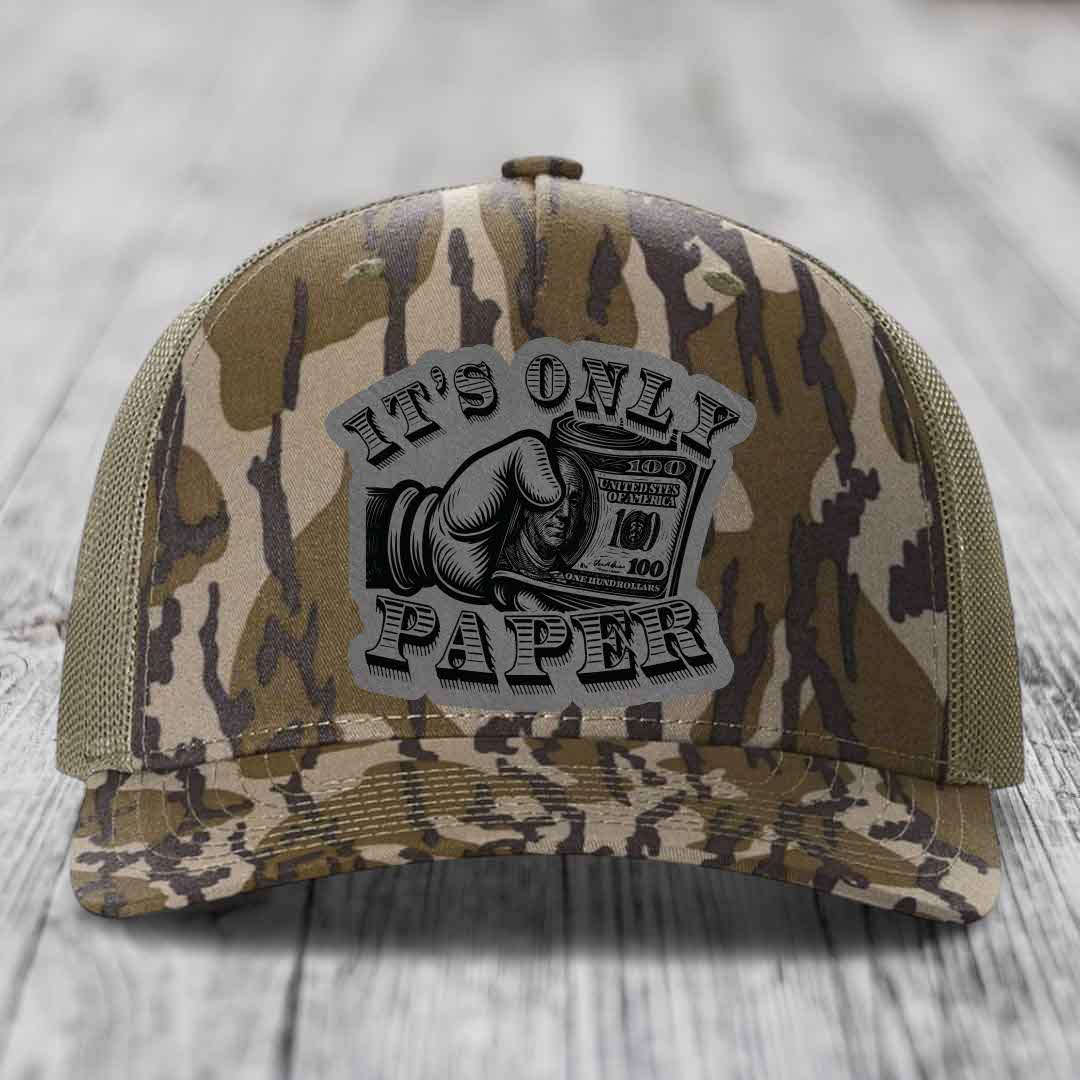 Its Only Paper - Leather Patch Hat - Grey to Black Patch - Richardson 112PFP Snapback Trucker Hat