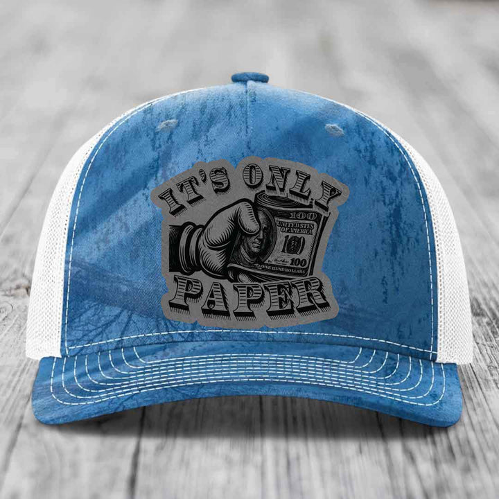 Its Only Paper - Leather Patch Hat - Grey to Black Patch - Richardson 112PFP Snapback Trucker Hat