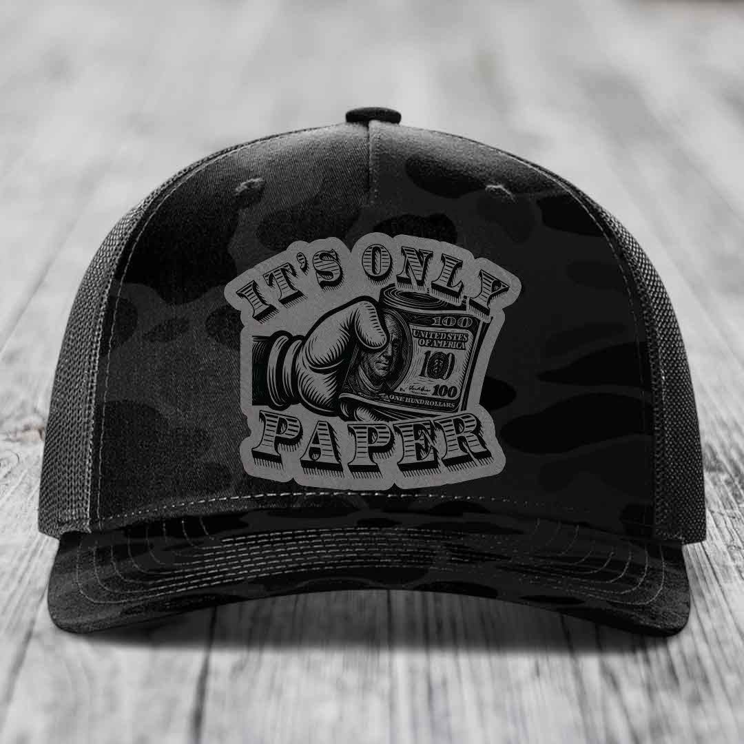Its Only Paper - Leather Patch Hat - Grey to Black Patch - Richardson 112PFP Snapback Trucker Hat