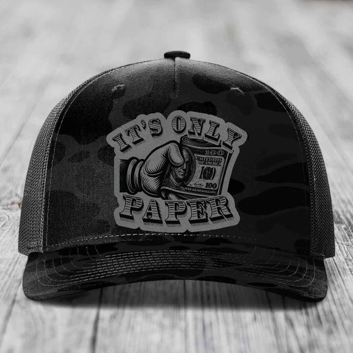 Its Only Paper - Leather Patch Hat - Grey to Black Patch - Richardson 112PFP Snapback Trucker Hat
