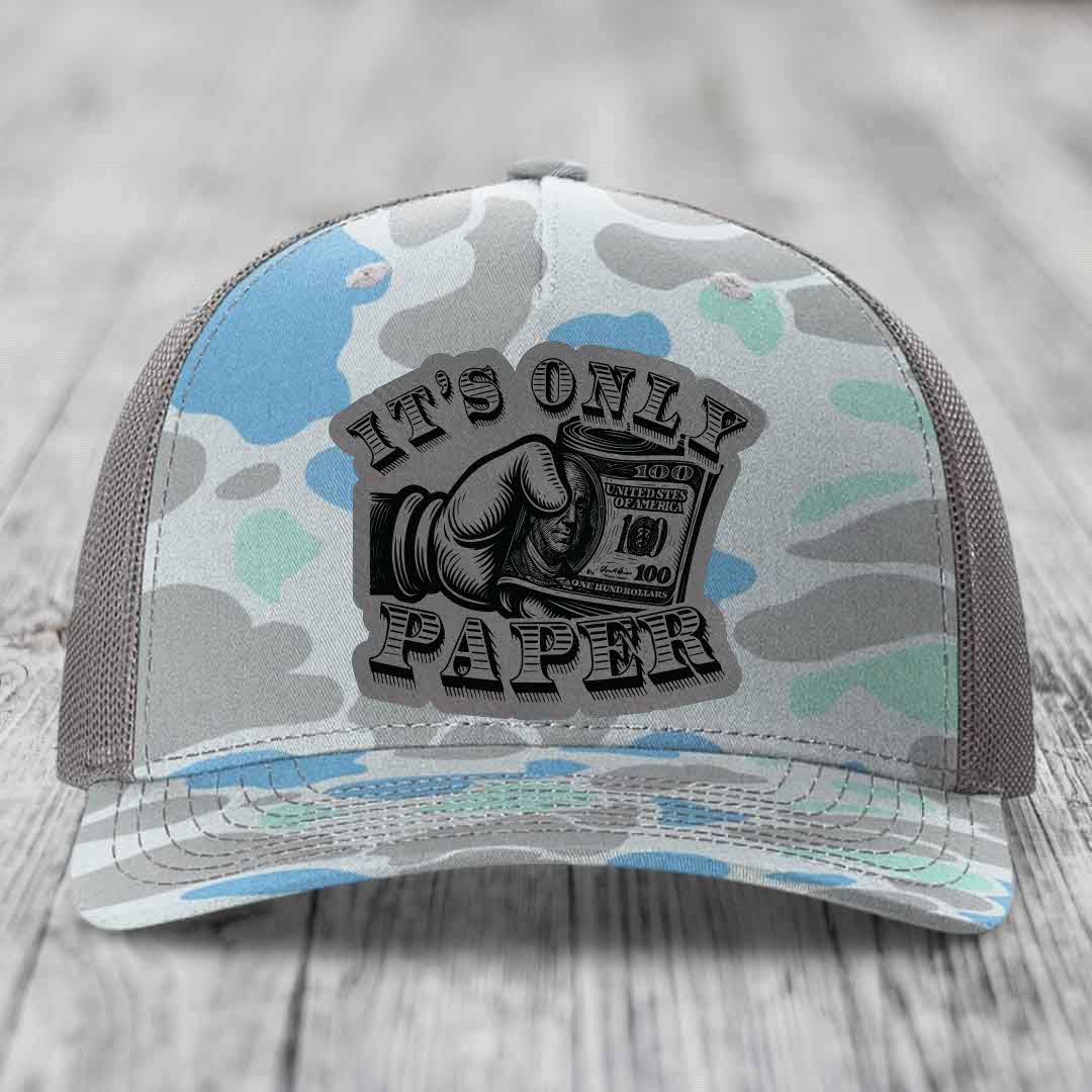 Its Only Paper - Leather Patch Hat - Grey to Black Patch - Richardson 112PFP Snapback Trucker Hat