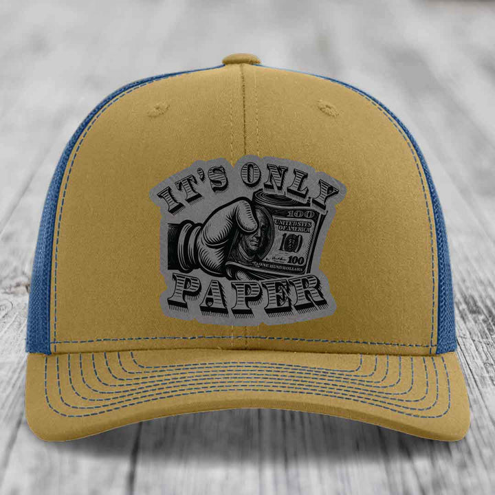 Its Only Paper - Leather Patch Hat - Grey to Black Patch - Richardson 112 Snapback Trucker Hat