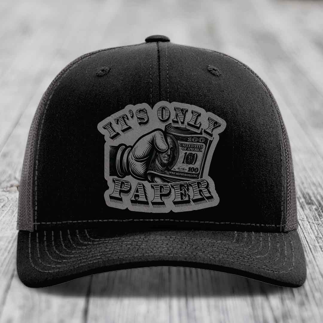 Its Only Paper - Leather Patch Hat - Grey to Black Patch - Richardson 112 Snapback Trucker Hat