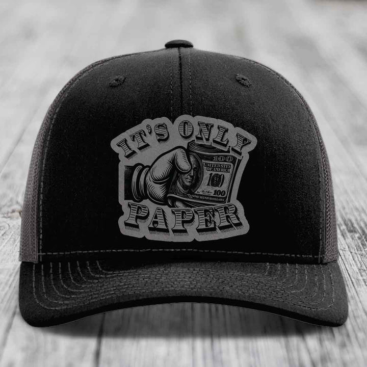 Its Only Paper - Leather Patch Hat - Grey to Black Patch - Richardson 112 Snapback Trucker Hat