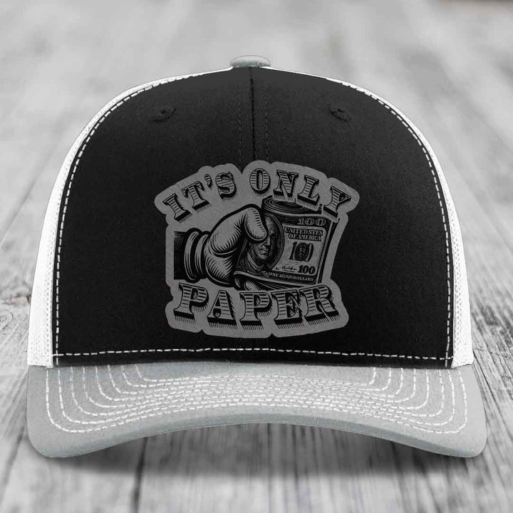 Its Only Paper - Leather Patch Hat - Grey to Black Patch - Richardson 112 Snapback Trucker Hat
