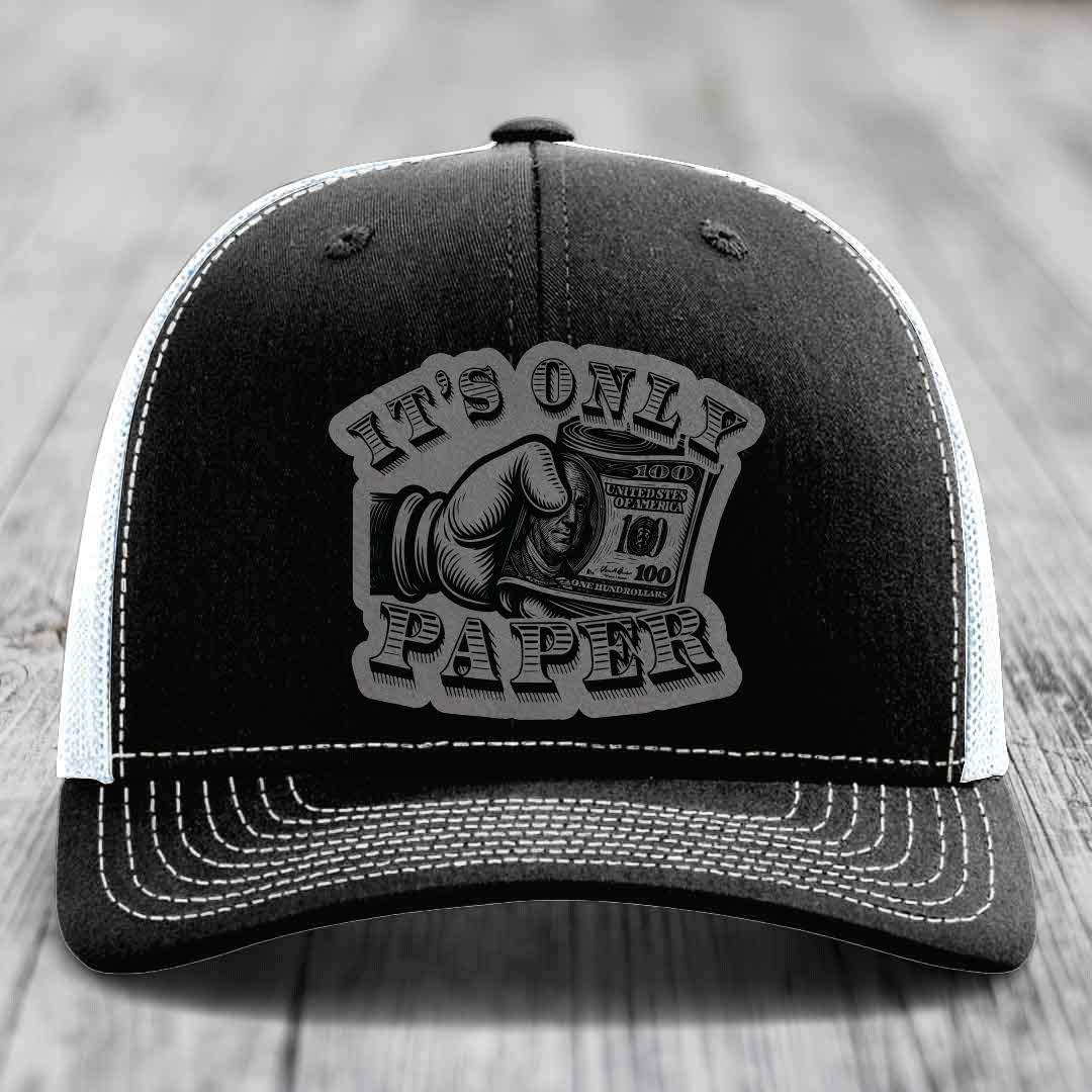 Its Only Paper - Leather Patch Hat - Grey to Black Patch - Richardson 112 Snapback Trucker Hat