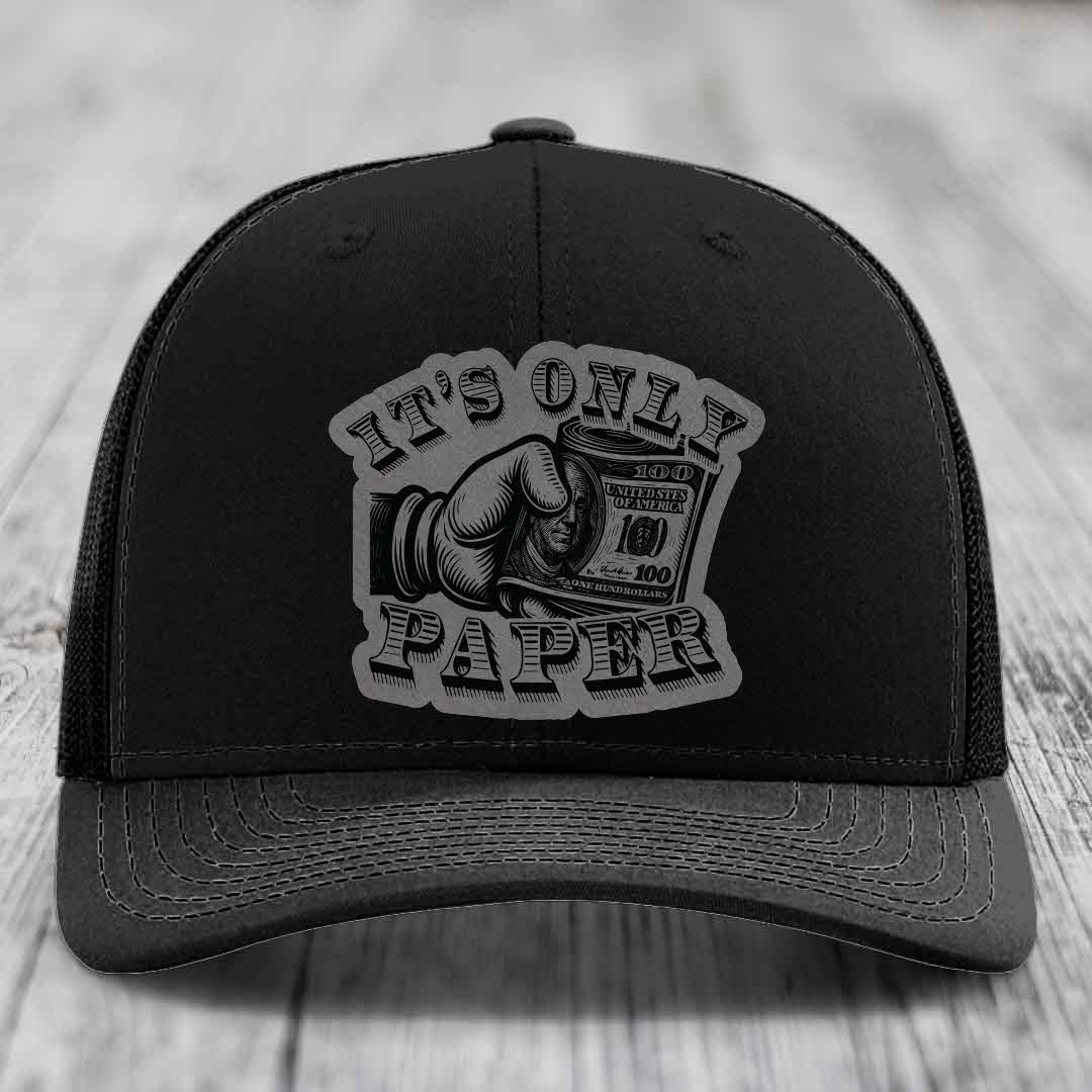Its Only Paper - Leather Patch Hat - Grey to Black Patch - Richardson 112 Snapback Trucker Hat