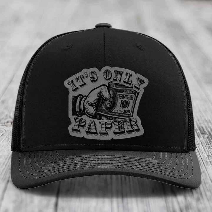 Its Only Paper - Leather Patch Hat - Grey to Black Patch - Richardson 112 Snapback Trucker Hat