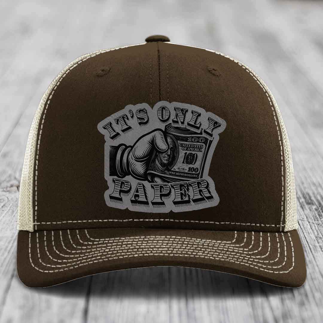 Its Only Paper - Leather Patch Hat - Grey to Black Patch - Richardson 112 Snapback Trucker Hat