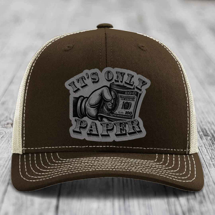 Its Only Paper - Leather Patch Hat - Grey to Black Patch - Richardson 112 Snapback Trucker Hat