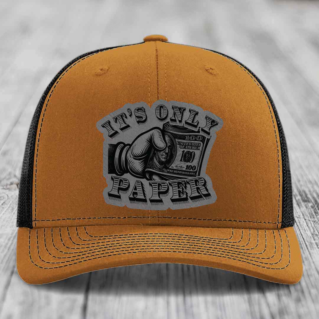 Its Only Paper - Leather Patch Hat - Grey to Black Patch - Richardson 112 Snapback Trucker Hat