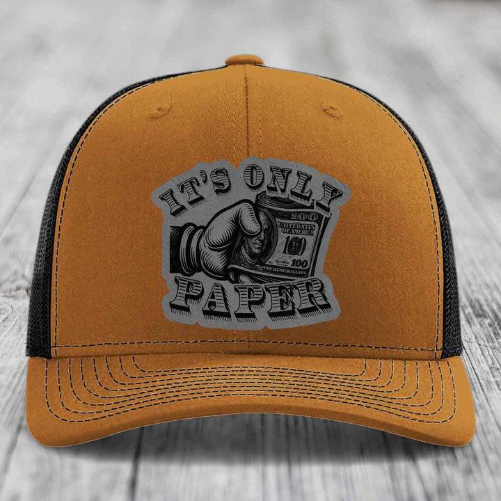 Its Only Paper - Leather Patch Hat - Grey to Black Patch - Richardson 112 Snapback Trucker Hat