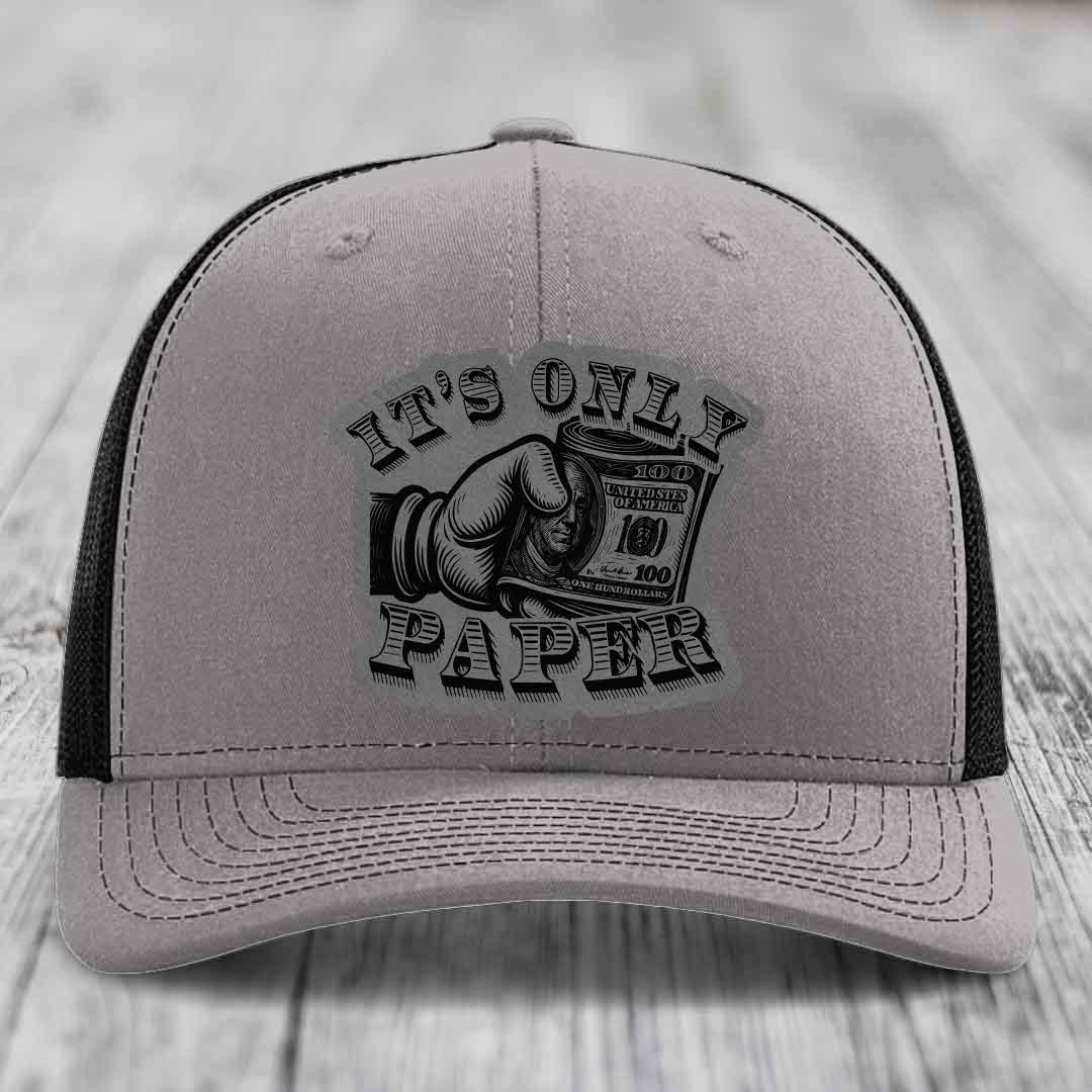 Its Only Paper - Leather Patch Hat - Grey to Black Patch - Richardson 112 Snapback Trucker Hat
