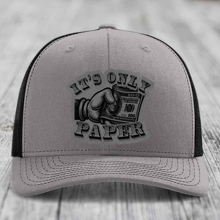 Its Only Paper - Leather Patch Hat - Grey to Black Patch - Richardson 112 Snapback Trucker Hat
