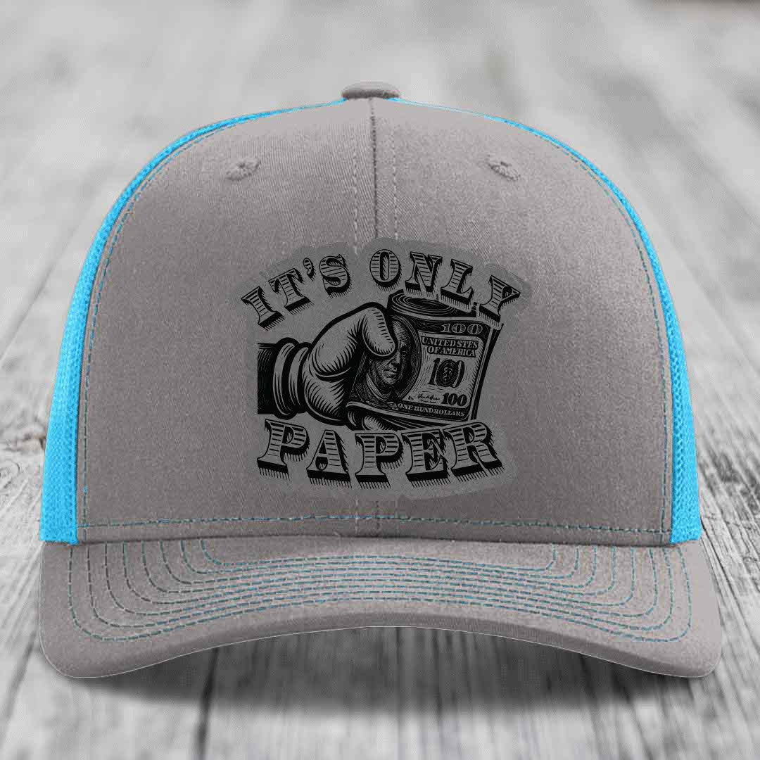 Its Only Paper - Leather Patch Hat - Grey to Black Patch - Richardson 112 Snapback Trucker Hat