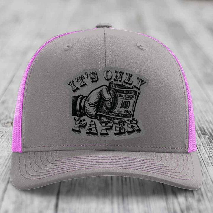 Its Only Paper - Leather Patch Hat - Grey to Black Patch - Richardson 112 Snapback Trucker Hat