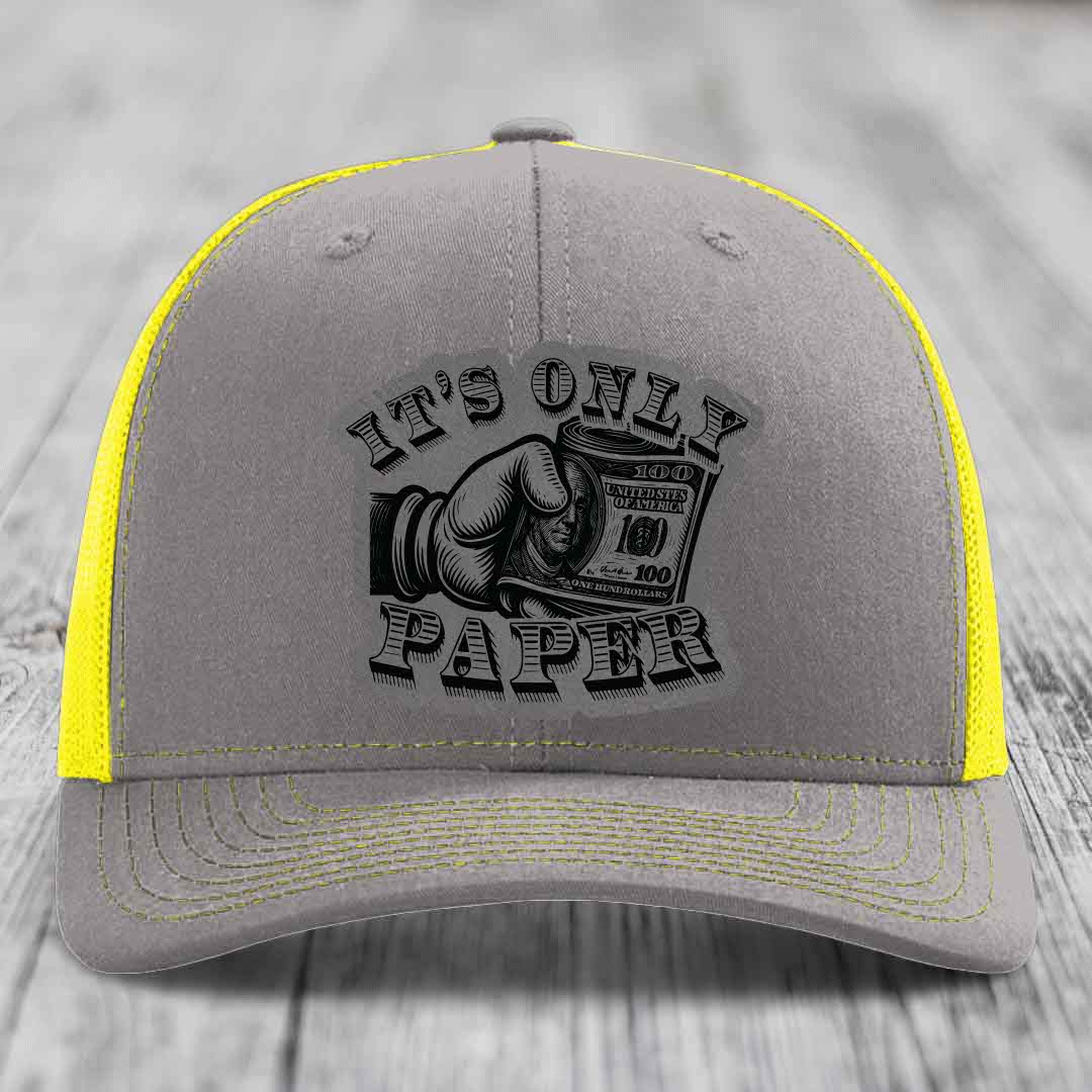 Its Only Paper - Leather Patch Hat - Grey to Black Patch - Richardson 112 Snapback Trucker Hat