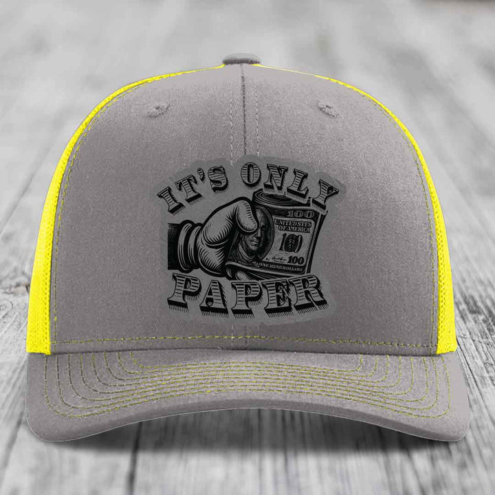 Its Only Paper - Leather Patch Hat - Grey to Black Patch - Richardson 112 Snapback Trucker Hat