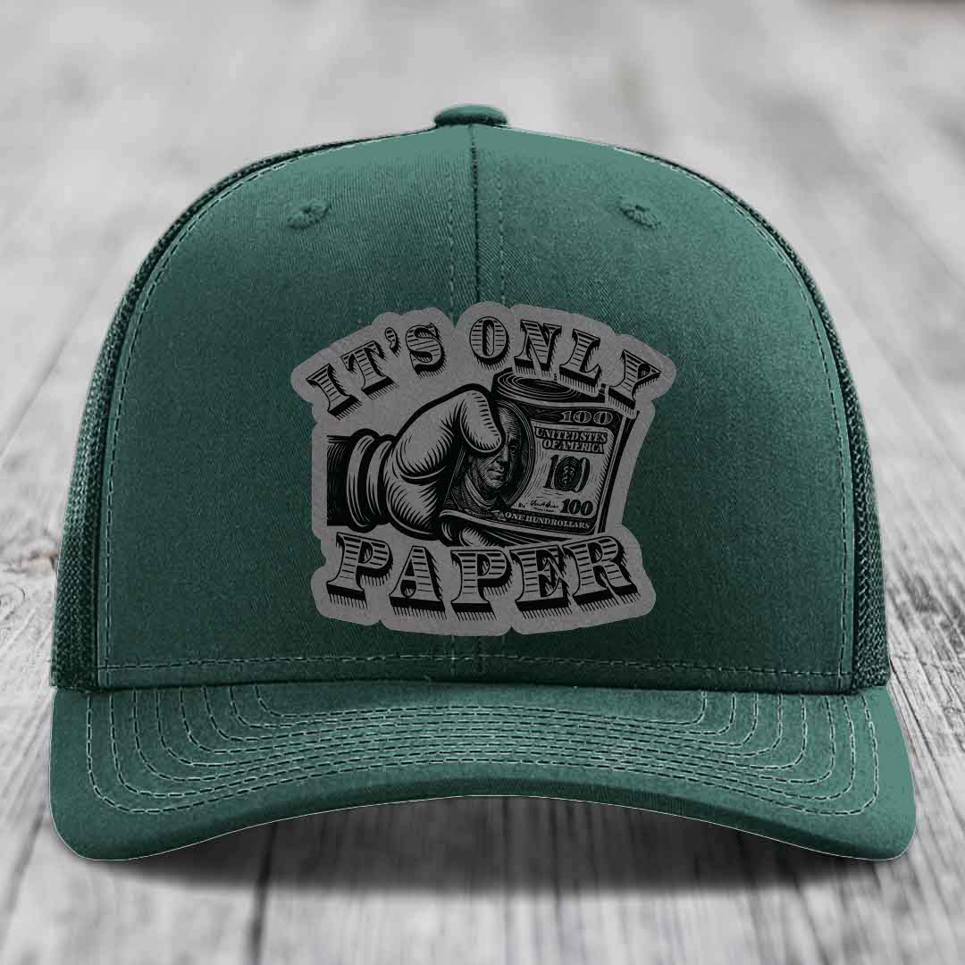 Its Only Paper - Leather Patch Hat - Grey to Black Patch - Richardson 112 Snapback Trucker Hat