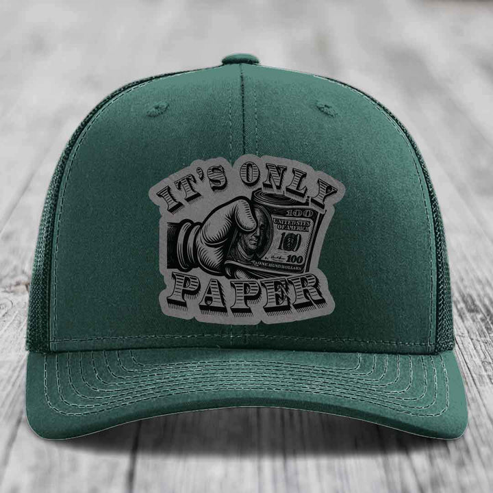 Its Only Paper - Leather Patch Hat - Grey to Black Patch - Richardson 112 Snapback Trucker Hat