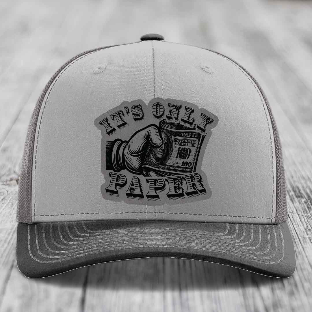 Its Only Paper - Leather Patch Hat - Grey to Black Patch - Richardson 112 Snapback Trucker Hat