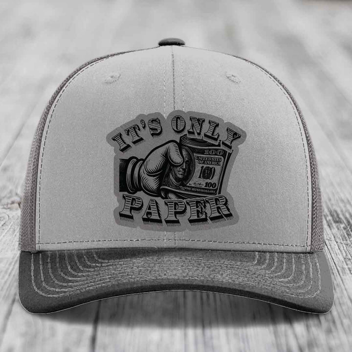 Its Only Paper - Leather Patch Hat - Grey to Black Patch - Richardson 112 Snapback Trucker Hat