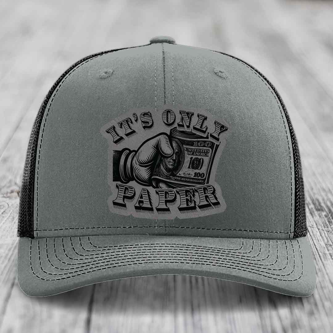 Its Only Paper - Leather Patch Hat - Grey to Black Patch - Richardson 112 Snapback Trucker Hat
