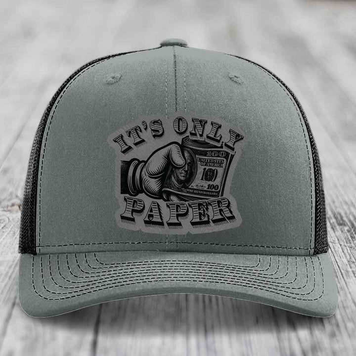 Its Only Paper - Leather Patch Hat - Grey to Black Patch - Richardson 112 Snapback Trucker Hat
