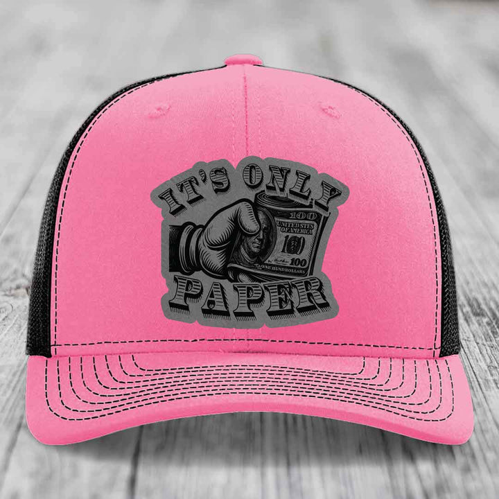 Its Only Paper - Leather Patch Hat - Grey to Black Patch - Richardson 112 Snapback Trucker Hat