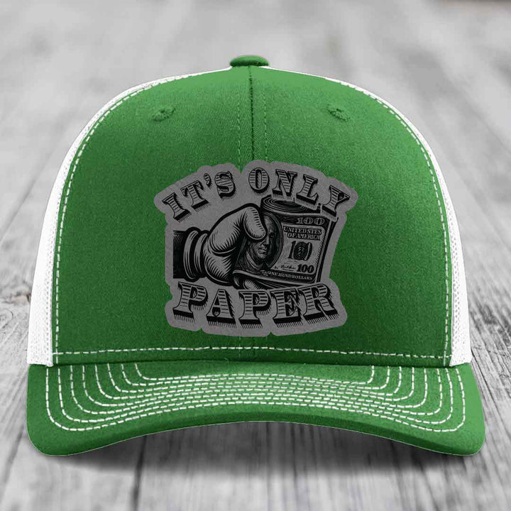 Its Only Paper - Leather Patch Hat - Grey to Black Patch - Richardson 112 Snapback Trucker Hat