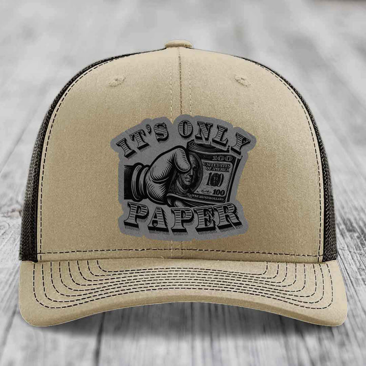 Its Only Paper - Leather Patch Hat - Grey to Black Patch - Richardson 112 Snapback Trucker Hat
