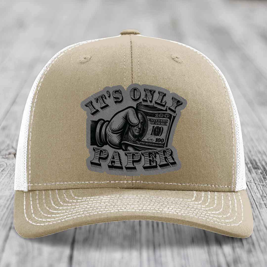 Its Only Paper - Leather Patch Hat - Grey to Black Patch - Richardson 112 Snapback Trucker Hat