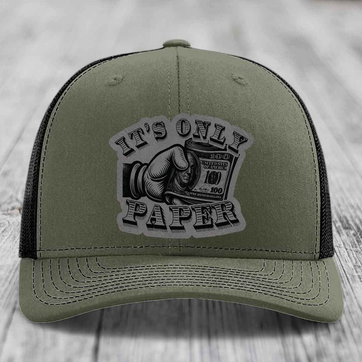 Its Only Paper - Leather Patch Hat - Grey to Black Patch - Richardson 112 Snapback Trucker Hat