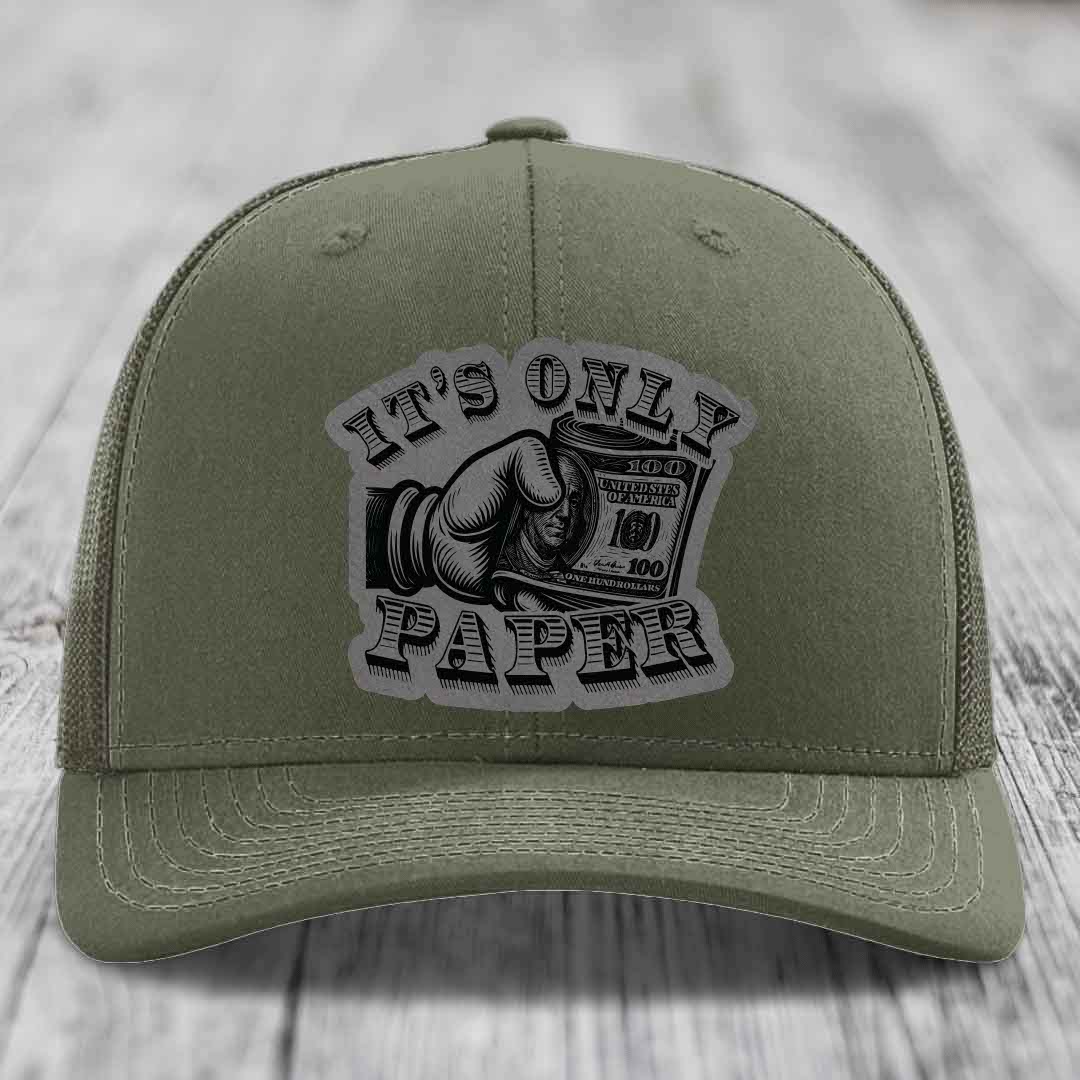 Its Only Paper - Leather Patch Hat - Grey to Black Patch - Richardson 112 Snapback Trucker Hat