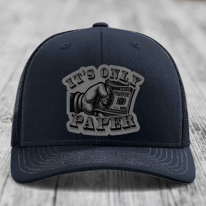 Its Only Paper - Leather Patch Hat - Grey to Black Patch - Richardson 112 Snapback Trucker Hat
