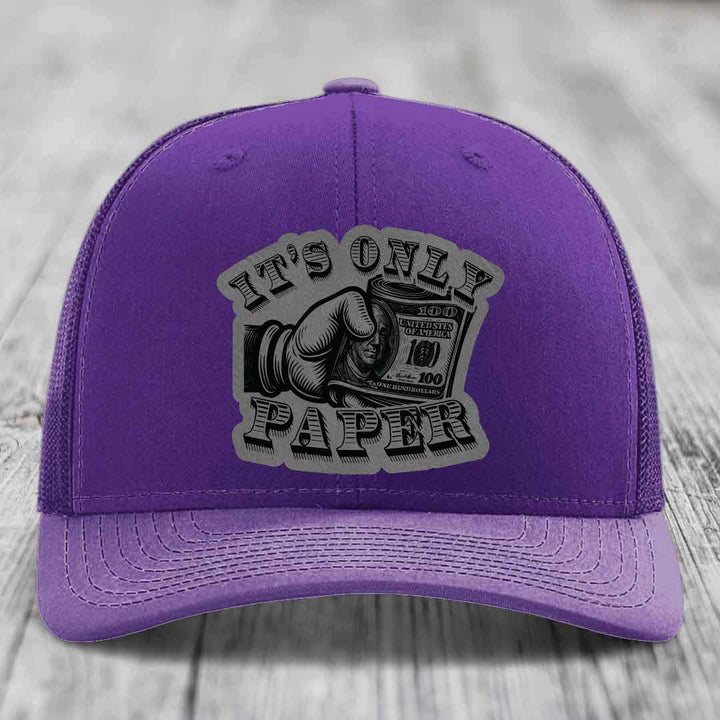 Its Only Paper - Leather Patch Hat - Grey to Black Patch - Richardson 112 Snapback Trucker Hat