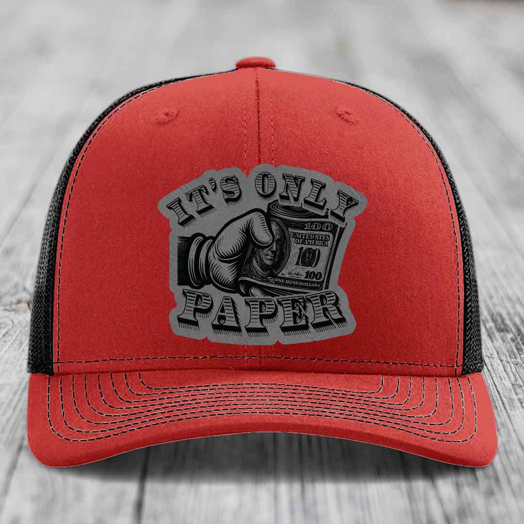 Its Only Paper - Leather Patch Hat - Grey to Black Patch - Richardson 112 Snapback Trucker Hat