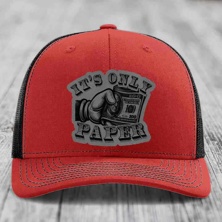 Its Only Paper - Leather Patch Hat - Grey to Black Patch - Richardson 112 Snapback Trucker Hat