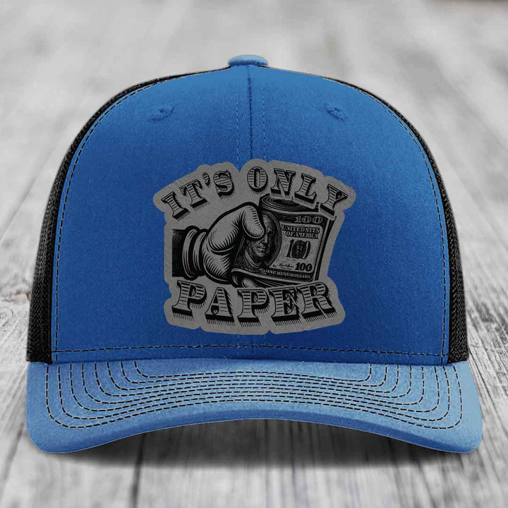 Its Only Paper - Leather Patch Hat - Grey to Black Patch - Richardson 112 Snapback Trucker Hat